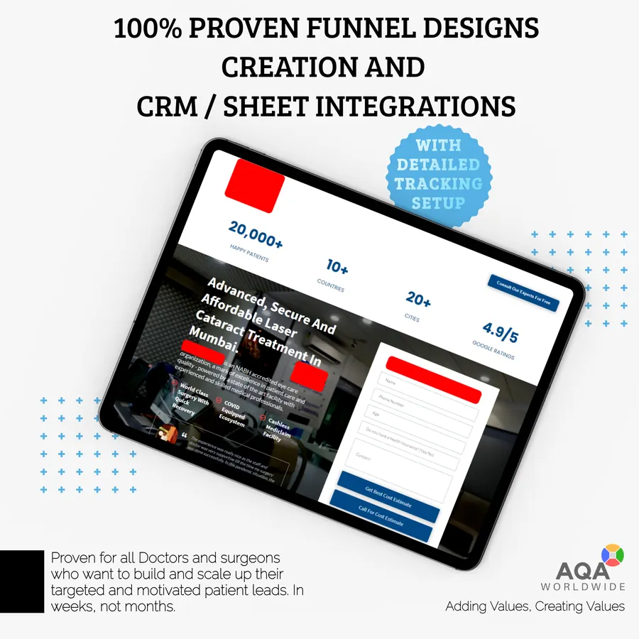 100% proven funnel designs with CRM and sheet integrations, shown on a tablet