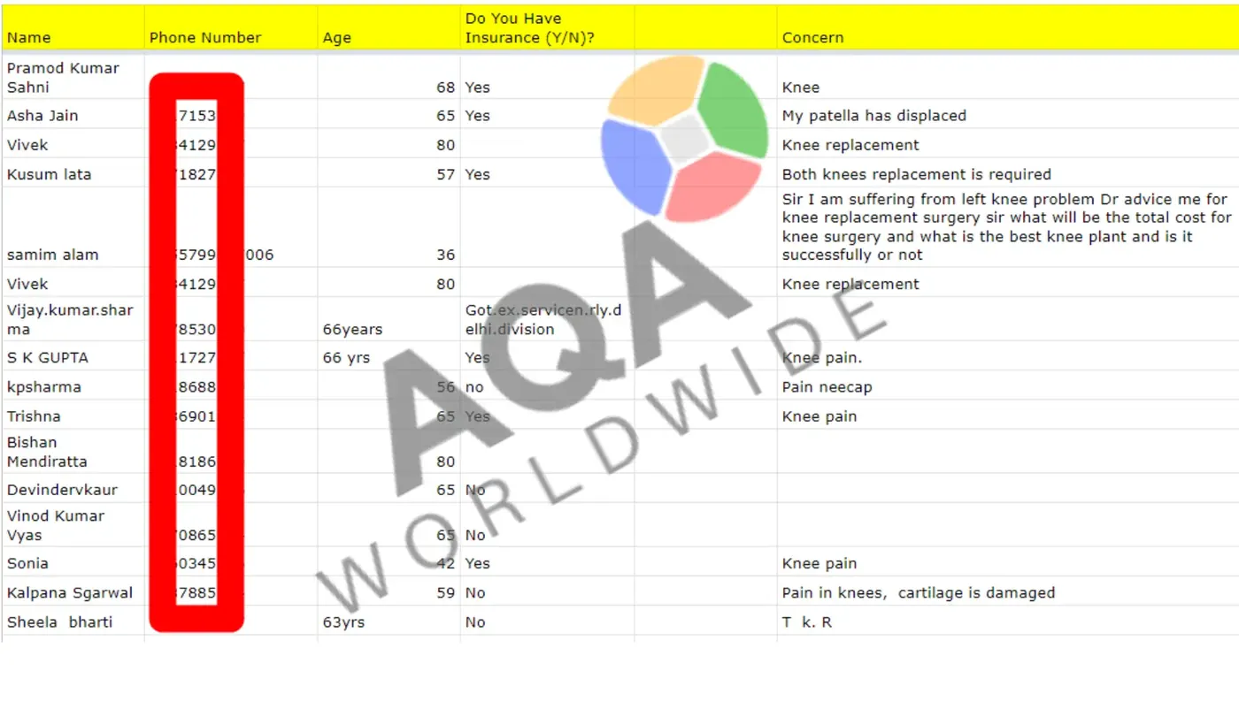 Google Sheet of ortho clinic leads with phone numbers hidden