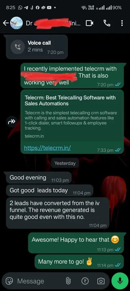 Client WhatsApp message about results