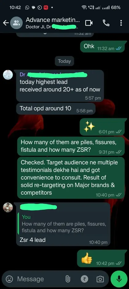 Client WhatsApp message about patient enquiries