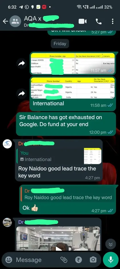 Client WhatsApp message about leads